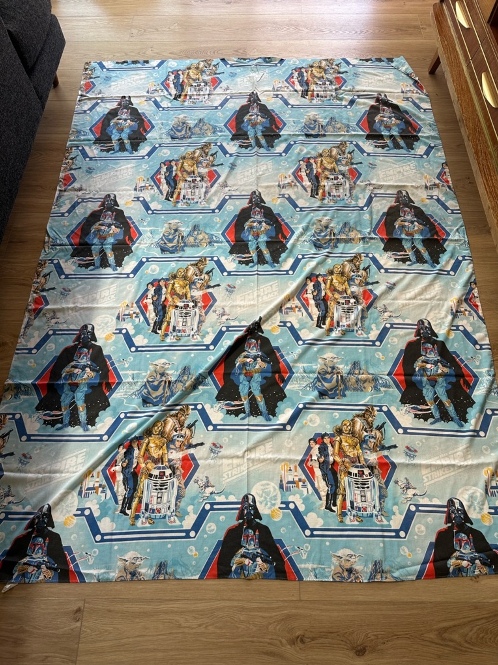 Vintage 1970s Star Wars Characters Panel Twin/Full Flat Sheet - Light Blue